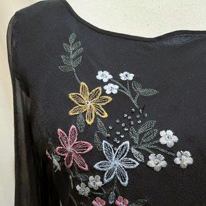 Embroidered Hippie Top ~ Black Sheer ~ Bohemian Chic ~ Size M ~ Trumpet Sleeves